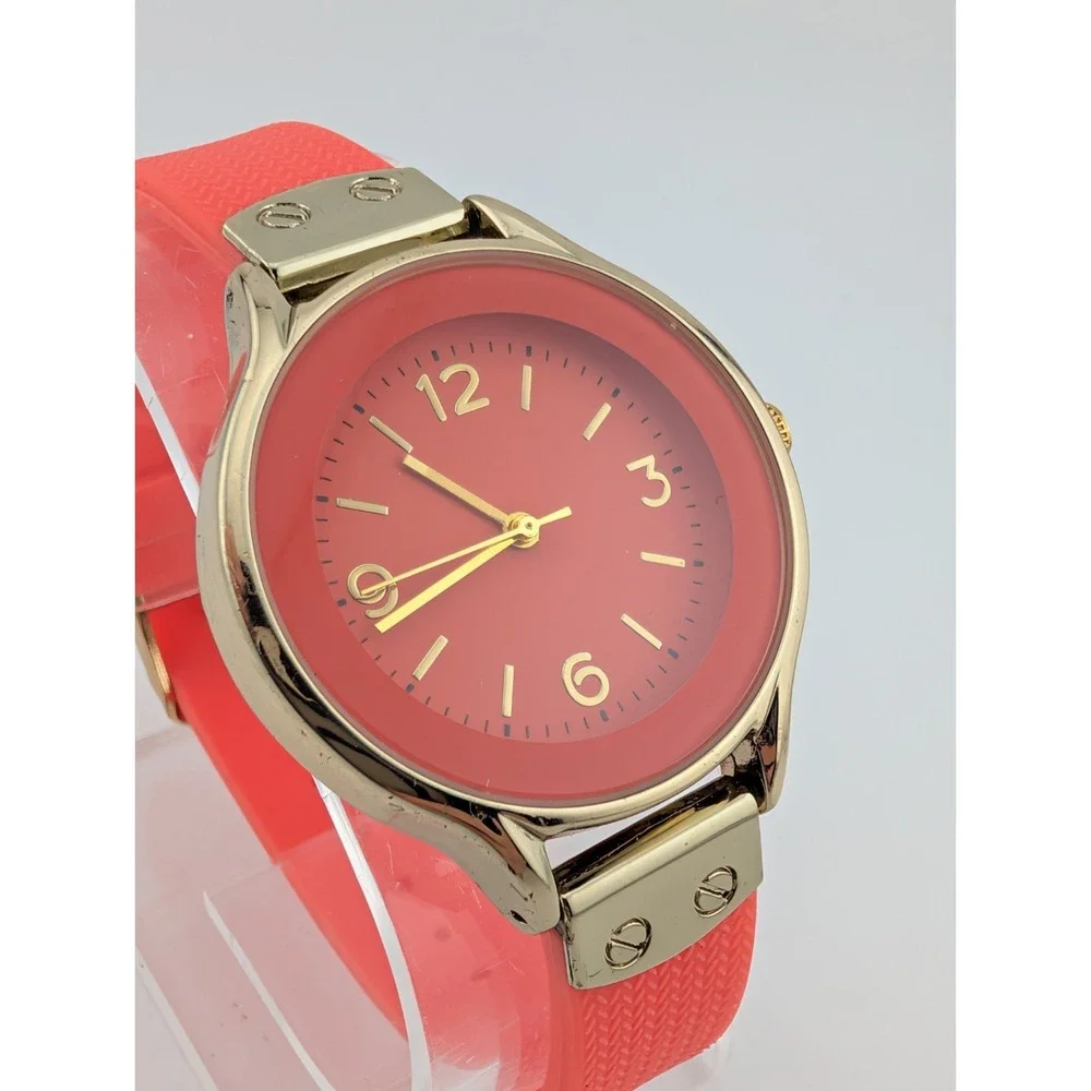 MSPCI Watch Women 36mm Gold Case Coral Silicone Band- New‎ Battery